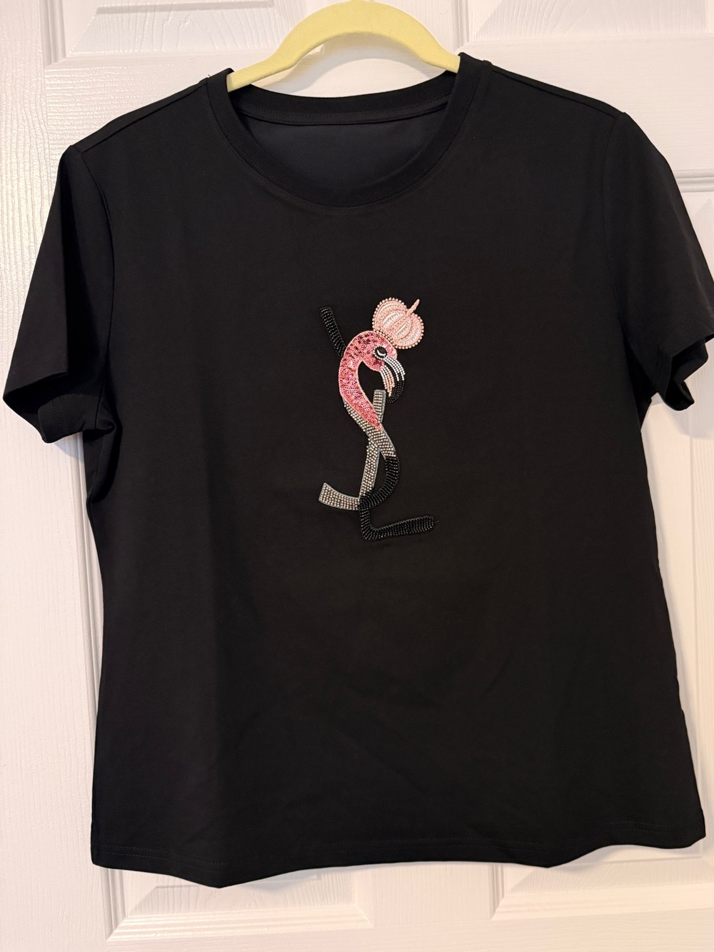 Yves Saint Laurent Black Short-Sleeve Tee with Pink Flamingo YSL Motif(OEM)